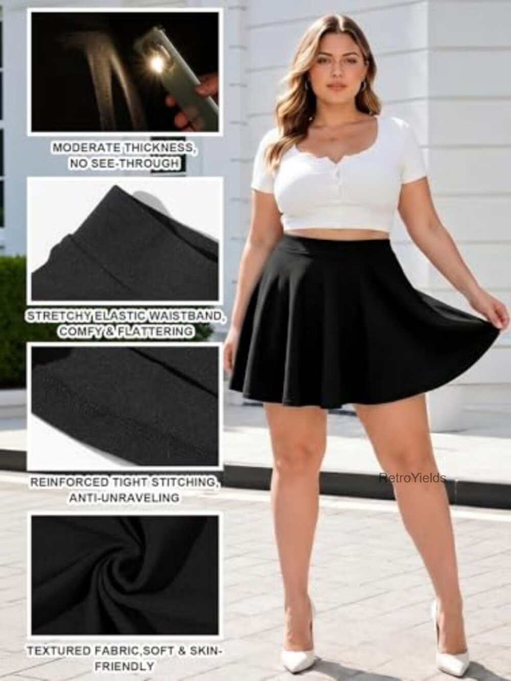 Plus Size High Waisted Stretchy Flowy Mini Skater Skirt For Women View 5